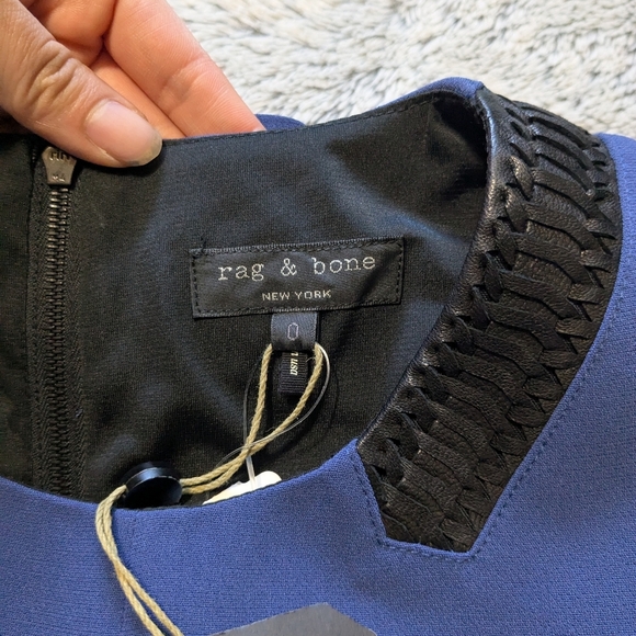 NEW Rag & Bone Renard Dress Mini Blue Leather Trim Flare Sleveless Size 0 - Picture 7 of 9